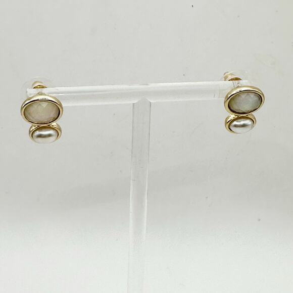 Preppy Pierced Stud Earrings Faceted Double Faux Pearl Faux Opal Casual - Picture 11 of 11